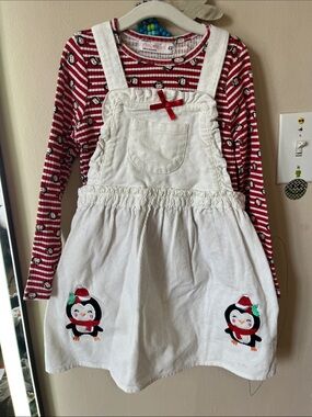 Children's Holiday Penguin Corduroy Pinafore Dress and Red Stripe Top Set